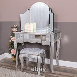 Silver Mirrored Dressing Table Triple Mirror Tabouret Vénitien Set De Meubles En Verre