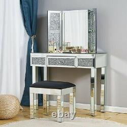 Sparkly Mirrored Dressing Table Miroir Tabouret Make Up Desk Chair Vanity Set Accueil