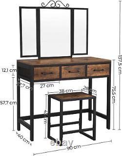 Style Industriel Dressing Table Vanity Mirror & Set De Tabouret Makeup Desk 3 Tiroirs