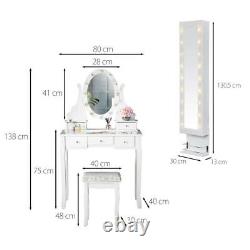 Table D'habillage Miroir Tabouret Joaillerie Cabinet De Rangement Blanc Led Lumière Vanity Set