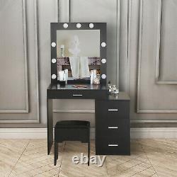 Table De Dressing Noire Et Bureau De Maquillage De Tabouret Avec 4 Tiroirs Led Light Mirror