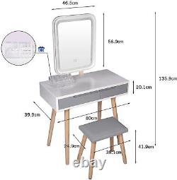 Table Vanity Set De Maquillage Table De Dressing Avec Tabouret Miroir Réglable À Led 2 Tiroirs