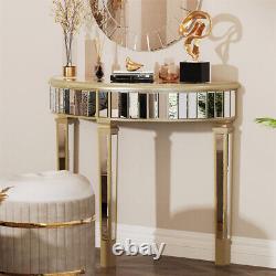 Table console avec miroir en demi-lune pour dressing, bureau, canapé, couloir avec accent en verre.