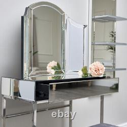 Table console avec miroirs et chromes : table de toilette, bureau de chambre, art déco, glamour et luxueux