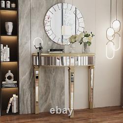 Table console en argent avec miroir biseauté, table de toilette en demi-lune avec miroir, hall d'entrée, Royaume-Uni.