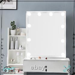 Table de maquillage Hollywood avec miroir, tiroirs et lumières LED pour chambre à coucher.