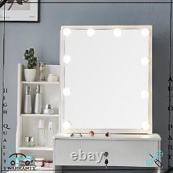 Table de maquillage Hollywood avec miroir, tiroirs et lumières LED pour chambre à coucher.