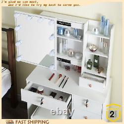 Table de maquillage à 6 tiroirs blancs avec miroir de maquillage à LED et tabouret, ensemble de coiffeuse
