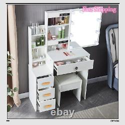 Table de maquillage avec 4 tiroirs, bureau de toilette et ensemble de tabouret et miroir éclairé par LED