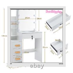 Table de maquillage avec 4 tiroirs, bureau de toilette et ensemble de tabouret et miroir éclairé par LED