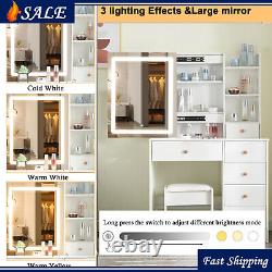 Table de maquillage avec miroir LED Coiffeuse Chambre à coucher commode moderne avec 6 tiroirs Bureau