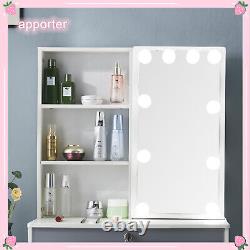 Table de maquillage avec miroir coulissant LED Hollywood blanc et ensemble de vanité avec 6 tiroirs