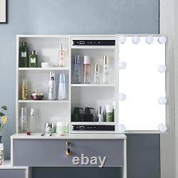 Table de maquillage avec miroir coulissant, tiroirs, lumières LED et tabouret pour coiffeuse