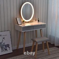 Table de maquillage avec miroir ovale et tiroir, moderne, blanc, pour bijoux et maquillage, avec éclairage à LED, pour chambre à coucher.