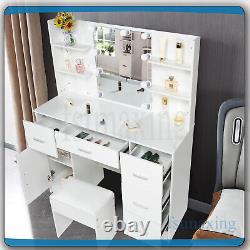 Table de maquillage blanche avec miroir éclairé et 6 étagères de rangement et tabouret