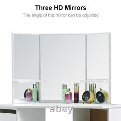 Table de maquillage d'angle blanche avec miroir, 5 tiroirs et tabouret