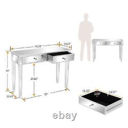 Table de maquillage en verre à 2 tiroirs avec grand plan de travail pour ordinateur portable et miroir de coiffeuse