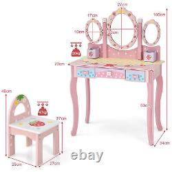 Table de maquillage et chaise pour enfants avec miroir triptyque et tiroirs rose