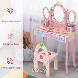 Table de maquillage et chaise pour enfants avec miroir triptyque et tiroirs rose