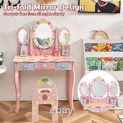 Table de maquillage et chaise pour enfants avec miroir triptyque et tiroirs rose