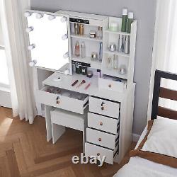 Table de maquillage moderne avec miroir, tabouret et éclairage LED pour chambre à coucher, ensemble de coiffeuse blanche.
