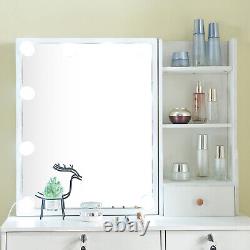Table de maquillage moderne avec miroir, tabouret et éclairage LED pour chambre à coucher, ensemble de coiffeuse blanche.