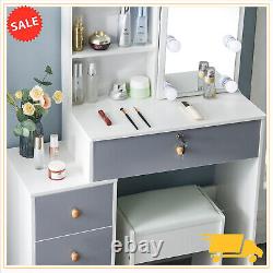 Table de toilette avec miroir coulissant à LED, 10 lumières, miroir, 4 tiroirs, bureau de maquillage et ensemble de tabouret.