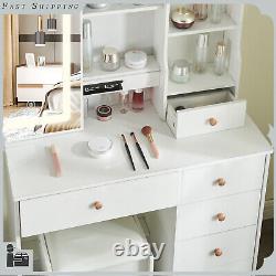 Table de toilette éclairée à LED avec miroir 6 tiroirs Tabouret Coiffeuse Chambre Vanity Bureau de maquillage