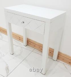 Table de toilette en verre blanc avec miroir d'entrée, coiffeuse avec rangement pratique, bureau de qualité professionnelle.