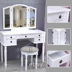 Vanity Dressing Table Set Makeup Desk Cabinet Tabouret Rembourré Avec Tri-fold Mirror Uk