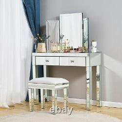 Vanity Dressing Table Tabouret Verre Miroir Bureau De Maquillage Avec Mirror, 2 Rangement De Dessin