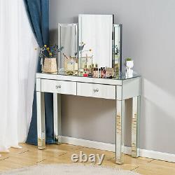 Vanity Dressing Table Tabouret Verre Miroir Bureau De Maquillage Avec Mirror, 2 Rangement De Dessin