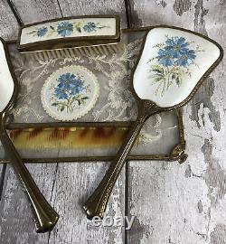 Vintage Delina Petit Point Dressing Table Vanity Set Miroir Floral Bleu Plateau
