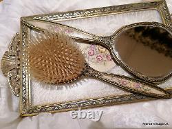 Vintage Dentelle En Verre Dressing Table Vanity Miroir À La Main Brosse À Cheveux Brodé