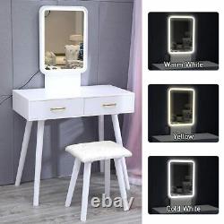 White Dressing Table Set Vanity 2 Tiroirs Makeup Bureau Tabouret Set Led Light Mirror
